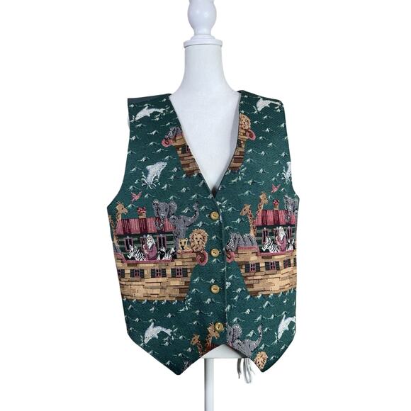 Noahs Ark Vest Handmade Tapestry Animal Scene Christian Green - Picture 1 of 7